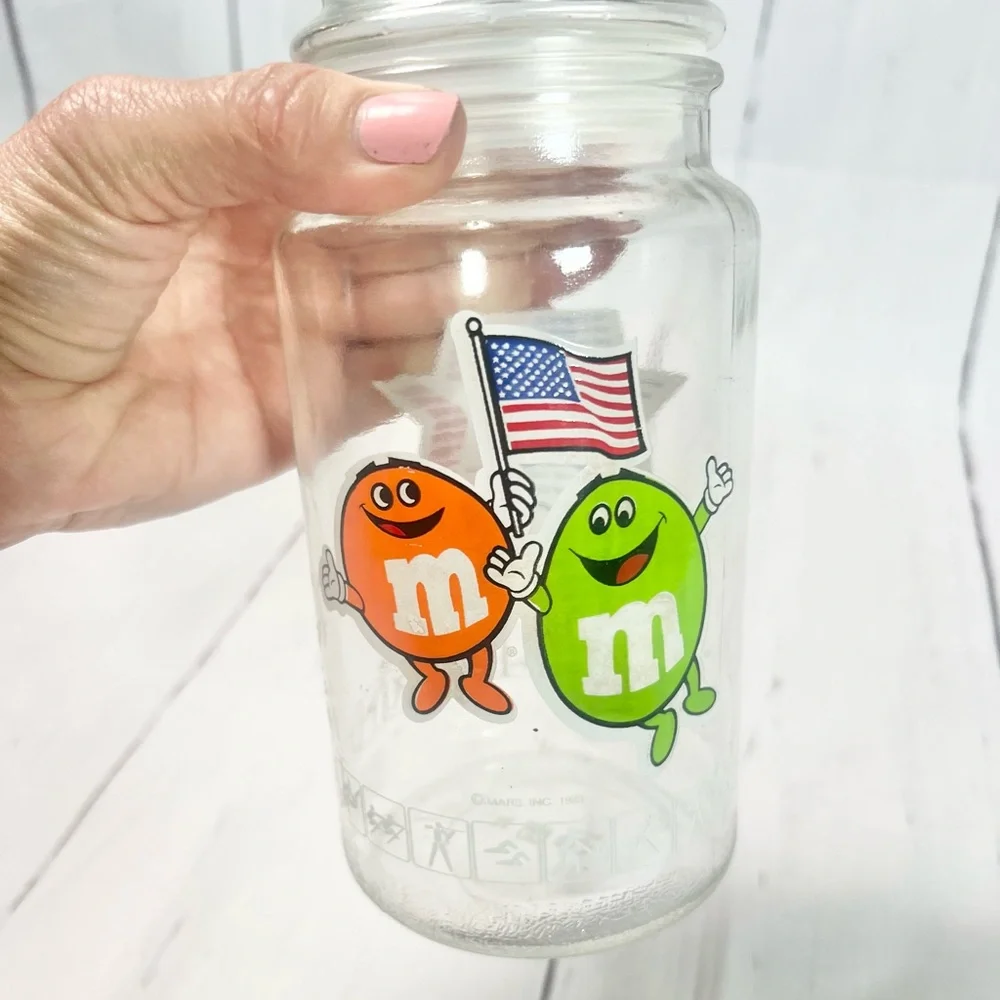 Vintage 1984 Los Angeles Olympics M&M Glass Candy Jar Anchor Hocking Lid